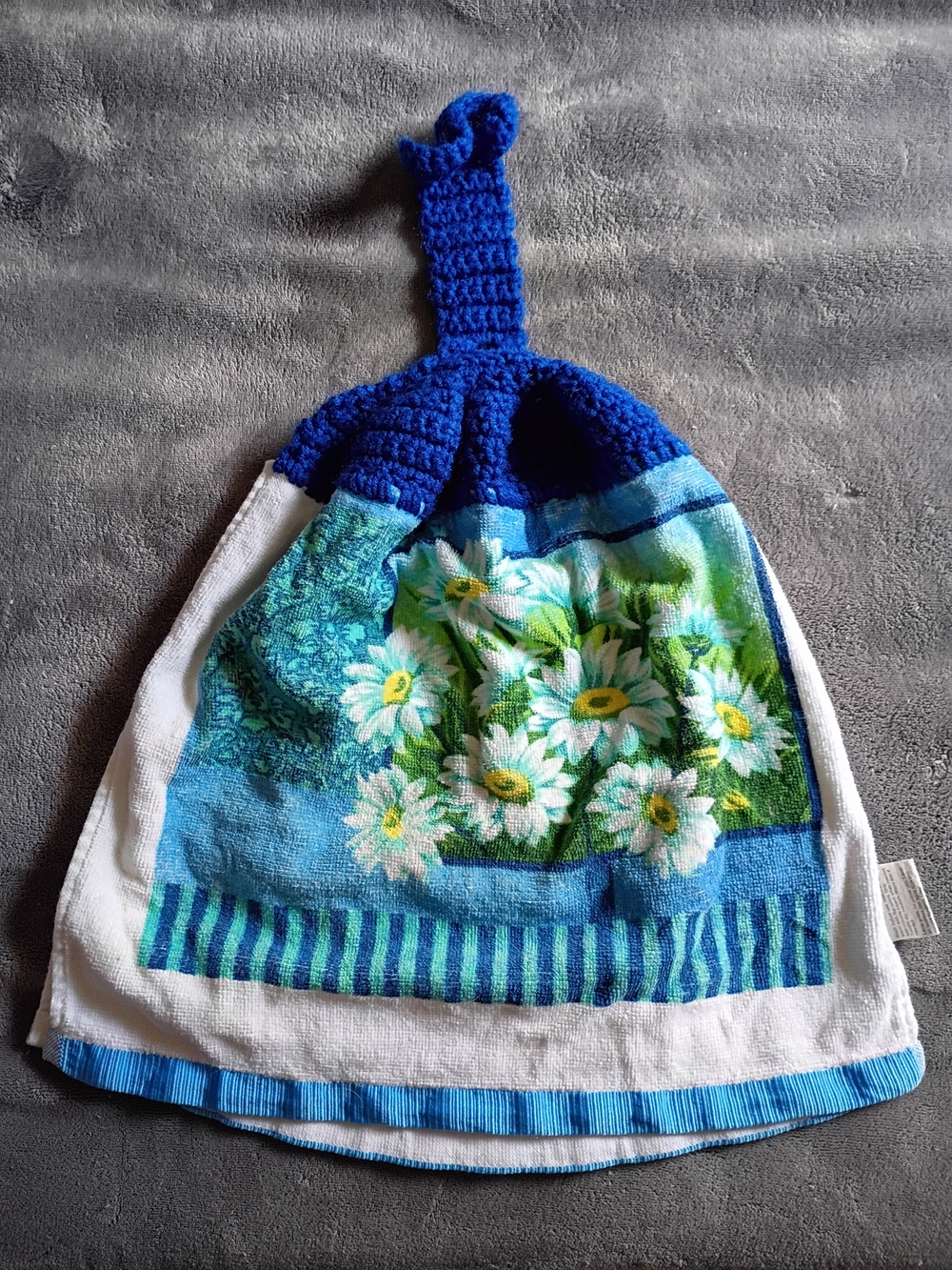 Blue Floral Hanging Kitchen Towel with Crochet Top Daisy
